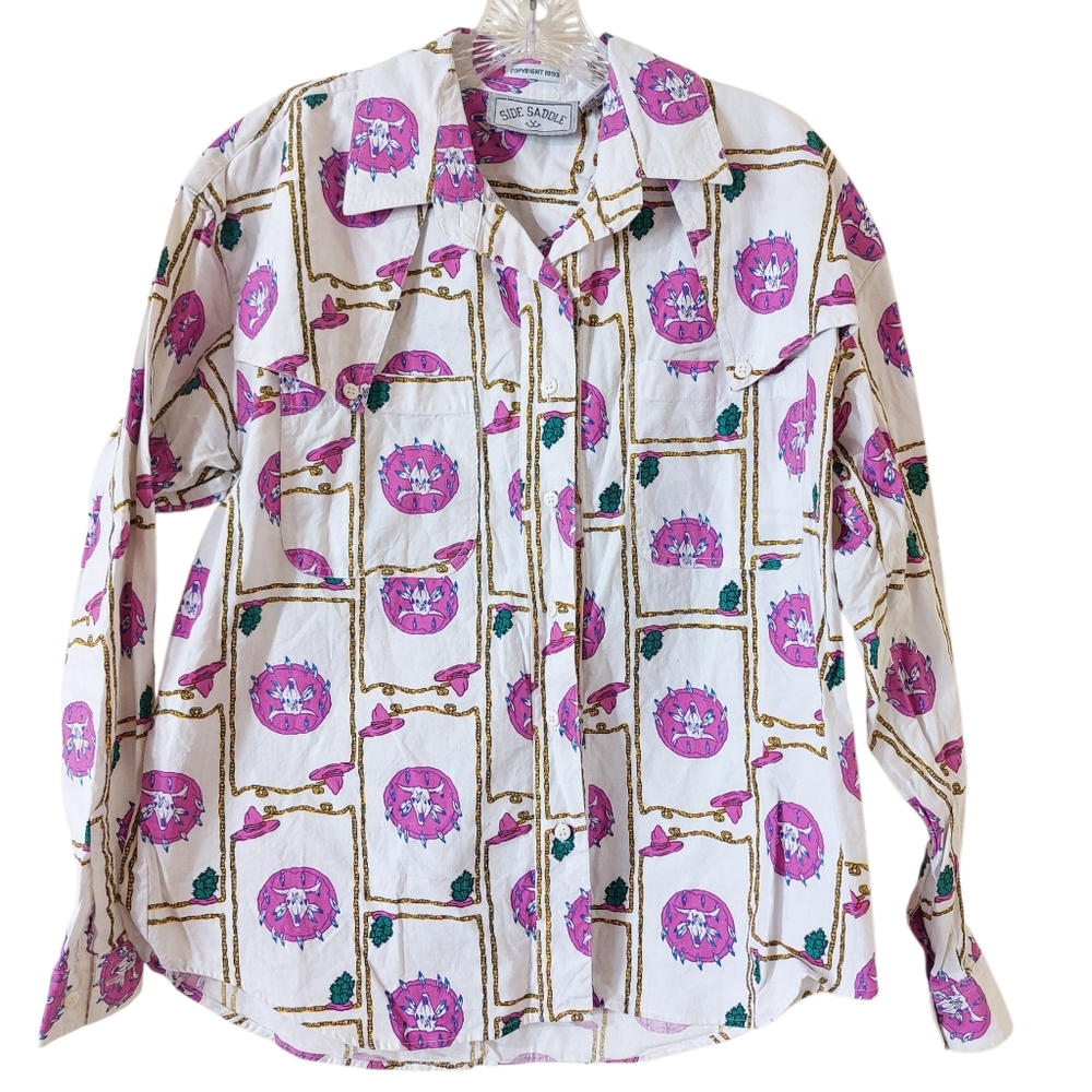 Vintage Side Saddle 90s Western Print Pink & White Cowboy Button-Up Shirt